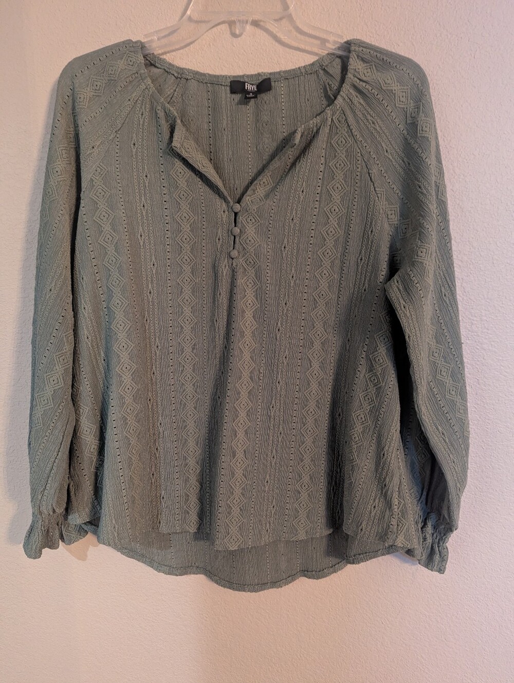 Frye Sage Green Textured Embroidered Peasant Blouse